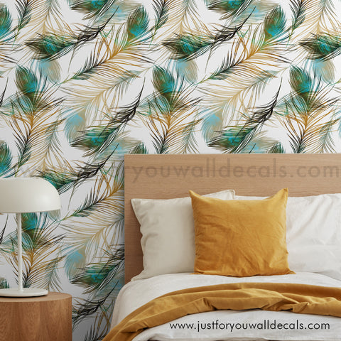 bird peacock feather peel and stick wallpaper removable