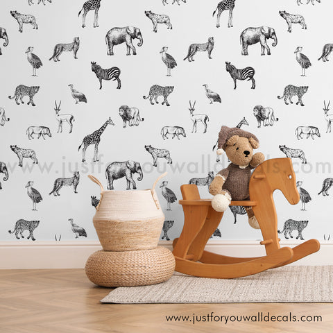 Black and white nursery safari animal wallpaper peel and stick removable, kids wallpaper
