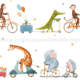 Giraffe Monkey Alligator Animals on bikes wallpaper, baby boy nursery wallpaper peel and stick removable