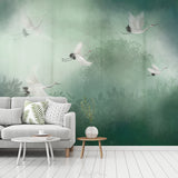 Green crane bird chinoiserie wallpaper, vintage crane bird wall mural, peel and stick, removable wallpaper