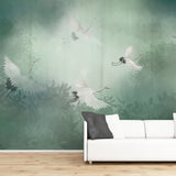 Green crane bird chinoiserie wallpaper, vintage crane bird wall mural, peel and stick, removable wallpaper