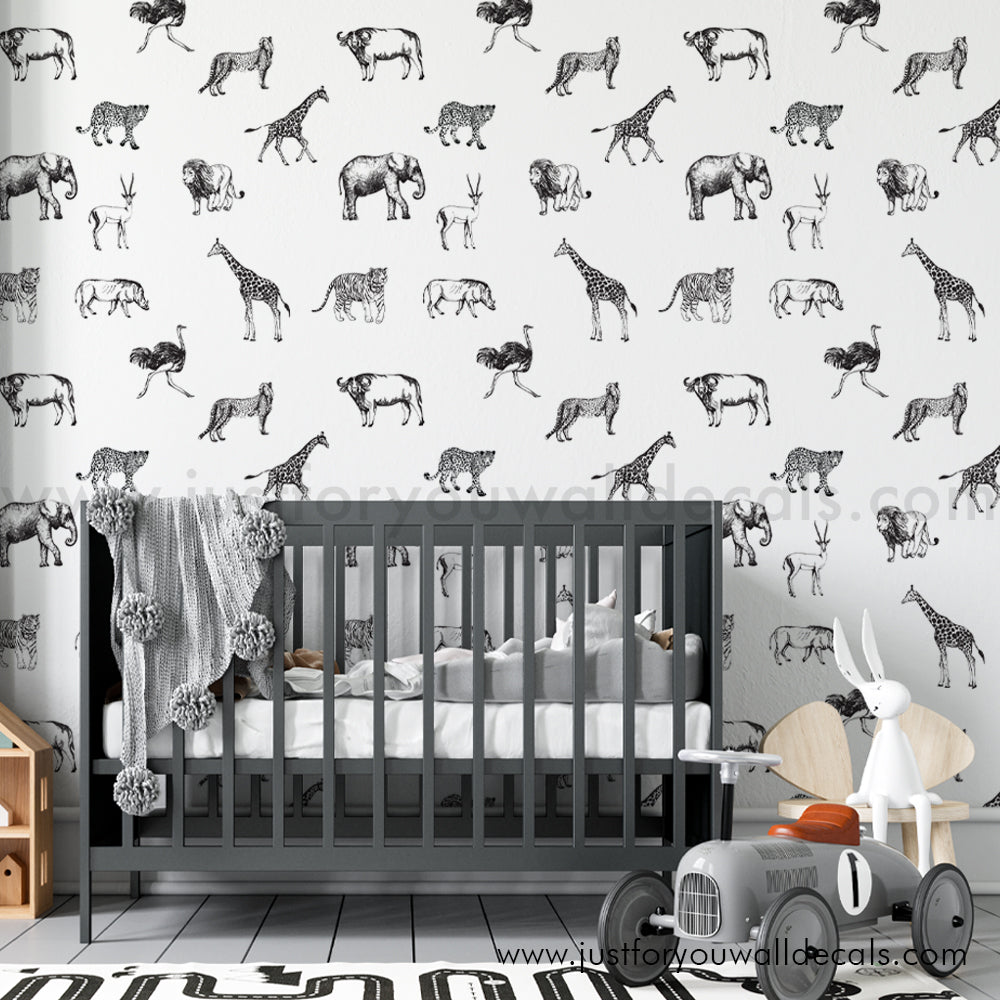 Black and white nursery safari animal wallpaper peel and stick removable, kids wallpaper
