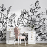 black and white floral wallpaper, black and white flower peel and stick wallpaper, floral wallpaper, nursery floral wallpaper, removable, pre-pasted, peel and stick removable wallpaper