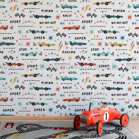 Race car boys room wallpaper peel and stick, pre-pasted wallpaper, removable wallpaper