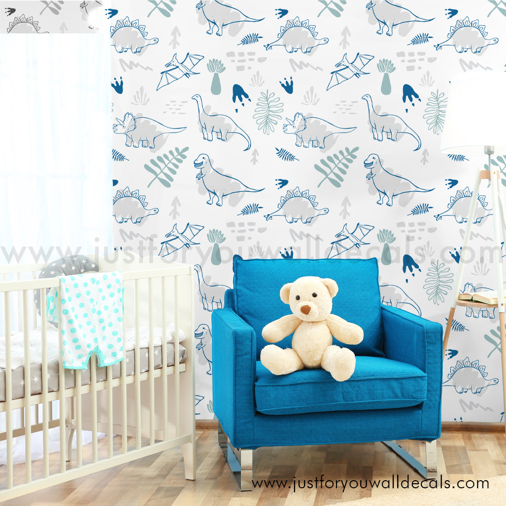 Dinosaur baby boy nursery wallpaper peel and stick removable, kids wallpaper