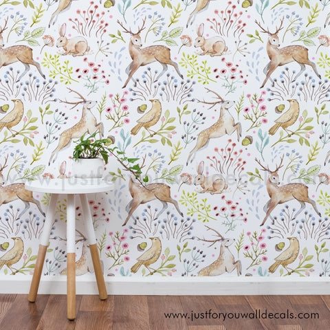 Woodland animal wallpaper, baby boy nursery wallpaper peel and stick removable, fox deer forest bird rabbit nursery wallpaper