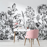 black and white floral wallpaper, black and white flower peel and stick wallpaper, floral wallpaper, nursery floral wallpaper, removable, pre-pasted, peel and stick removable wallpaper