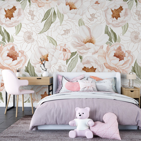 peony floral wallpaper, peony floral peel and stick nursery wallpaper