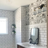 bathroom black and white floral wallpaper