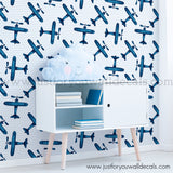 blue airplane plane peel and stick wallpaper, boys room wallpaper peel and stick, airplane wallpaper on polka dot background wallpaper for kids room