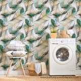 laundry room bird peacock feather peel and stick wallpaper removable