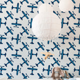 blue airplane plane peel and stick wallpaper, boys room wallpaper peel and stick, airplane wallpaper on polka dot background wallpaper for kids room