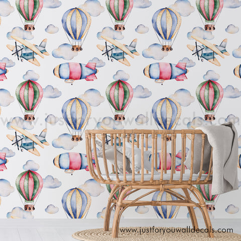 Hot air balloon wallpaper peel and stick, baby boy nursery hot air balloon wallpaper peel and stick