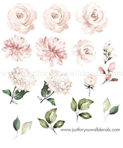 Watercolour Floral Wall Decals - Individual Flowers, Soft Pink And Blush **Mini Set**