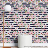 Modern Floral with flamingos and stripes peel and stick wallpaper removable