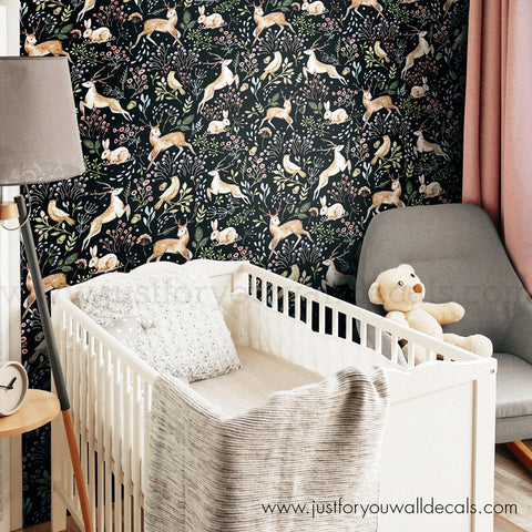 Woodland animal wallpaper, baby boy nursery wallpaper peel and stick removable, fox deer forest bird rabbit nursery wallpaper